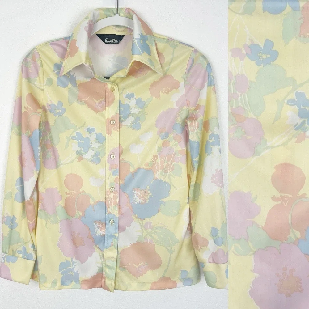 Vintage Jack Winter 70s Floral Pastel Blouse Small Long Sleeve - Picture 2 of 8